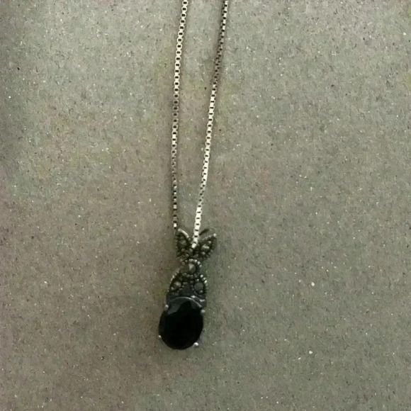 JC Sterling Silver Marcasite & Black Tourmaline Pendant Necklace 925 1.8g .75 In - Picture 4 of 4